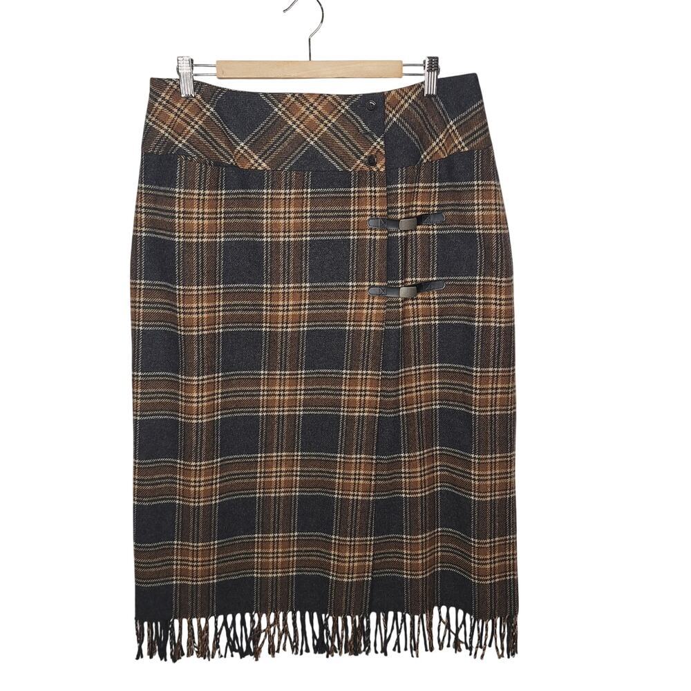 VTG 90s Wool Plaid Midi Blanket Skirt Tartan Wrap Fringe L 14 Academia Preppy